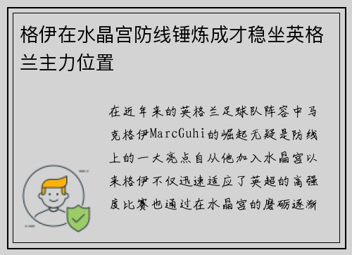 格伊在水晶宫防线锤炼成才稳坐英格兰主力位置